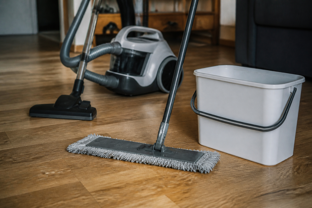Balai microfibre gris, aspirateur et seau blanc