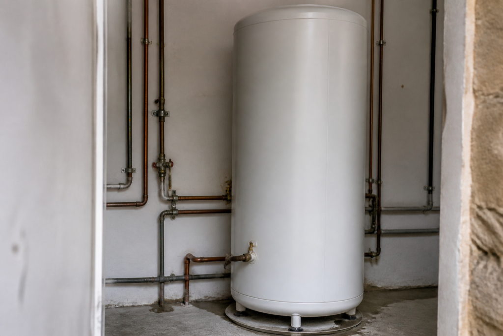 Chauffe eau blanc tuyaux metalliques salle technique installation