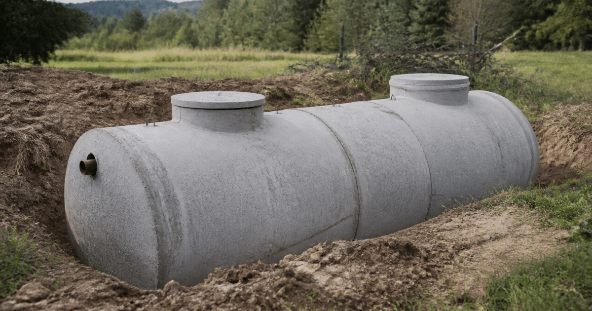 Fosse septique en beton gris posee au sol horizontalement