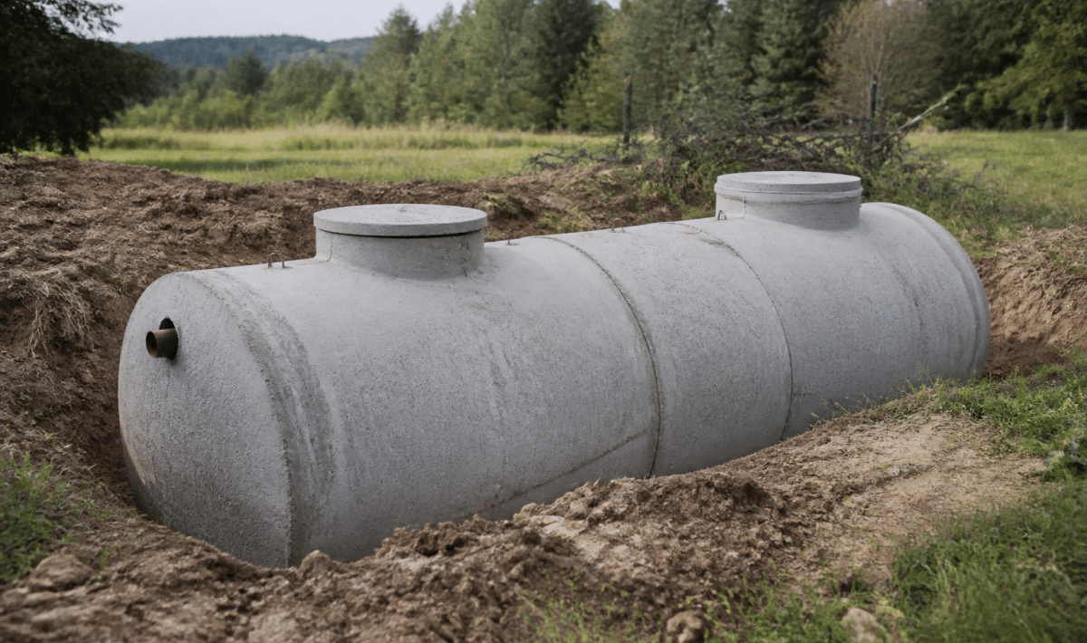Fosse septique en beton gris posee au sol horizontalement