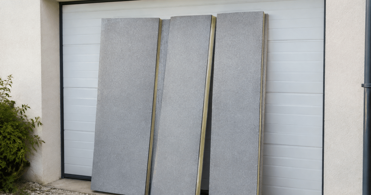 Panneaux isolants poses verticalement sur porte garage fermee
