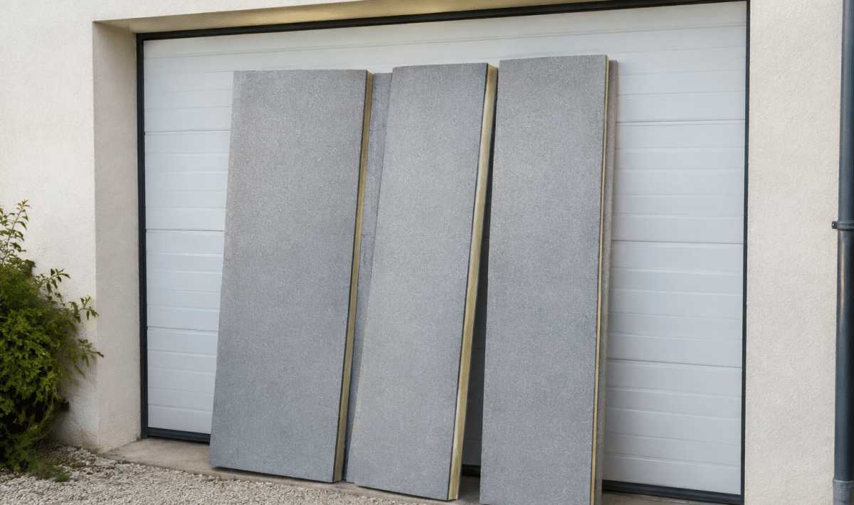 Panneaux isolants poses verticalement sur porte garage fermee