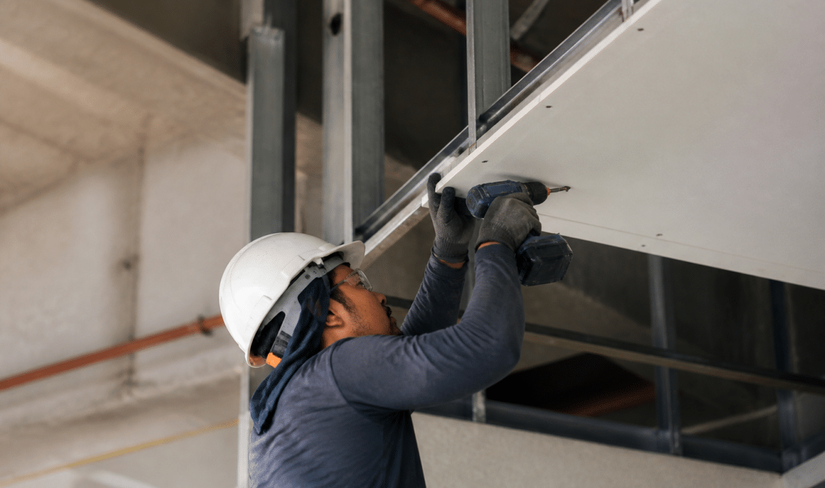 Ouvrier fixant panneaux blancs contre structure metallique suspendue