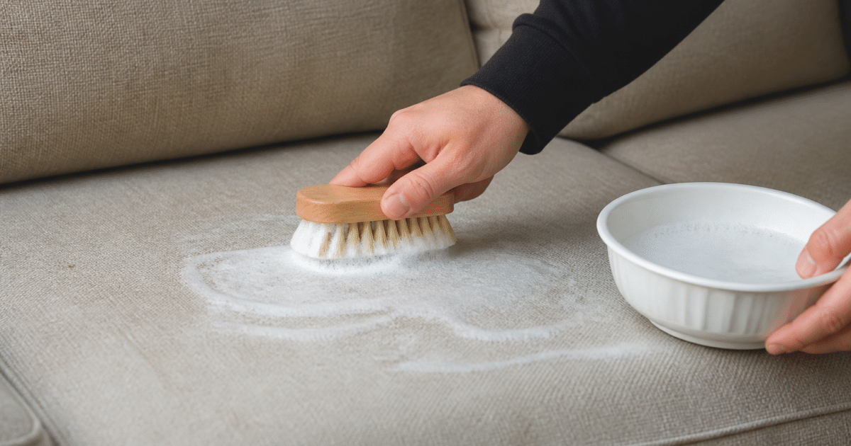 Brosse et produit nettoyant appliques sur tissu canape beige