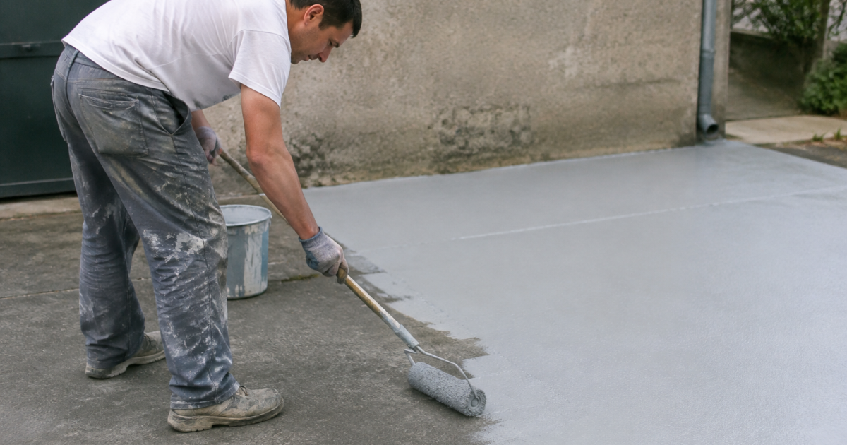 Ouvrier roule peinture sur beton gris exterieur