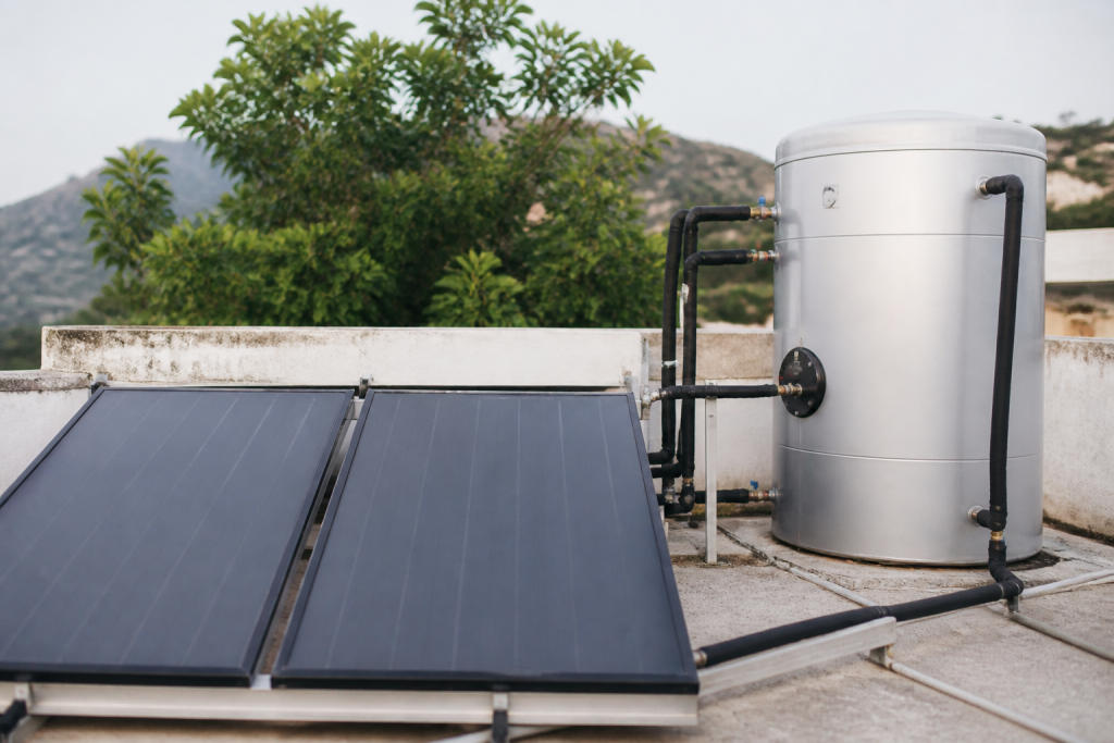 Panneaux solaires et reservoir chauffant avec tuyauterie