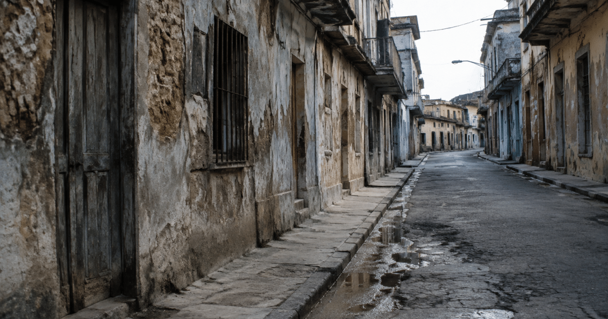 Rue degradee avec batiments delabres et rues desertes