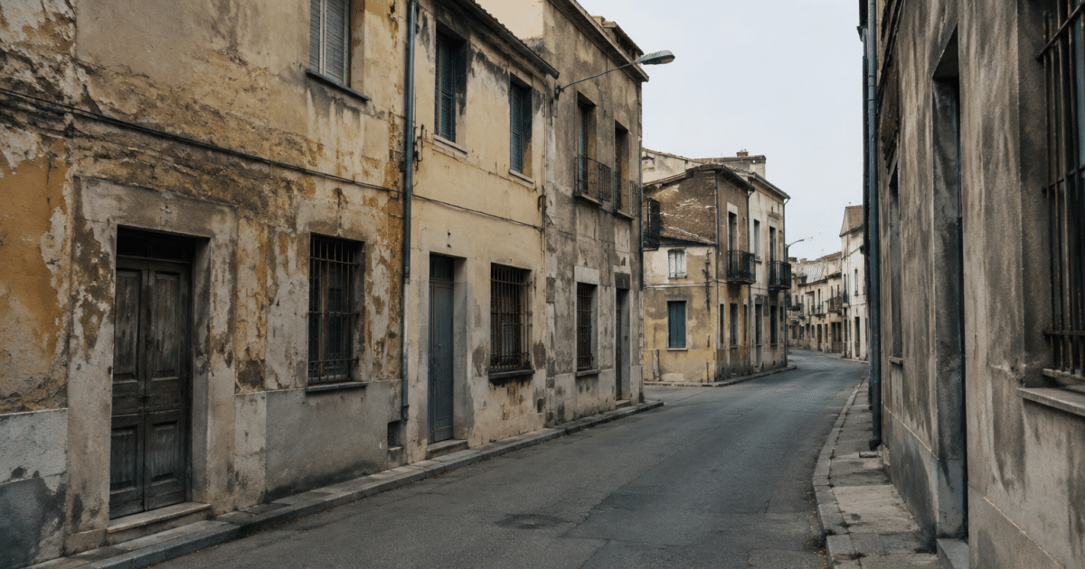 Rues desertes avec immeubles degrades et facades ternies visibles