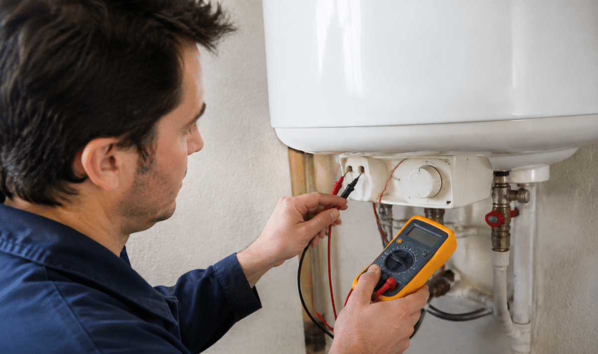 Main tenant un multimetre contre thermostat chauffe-eau blanc