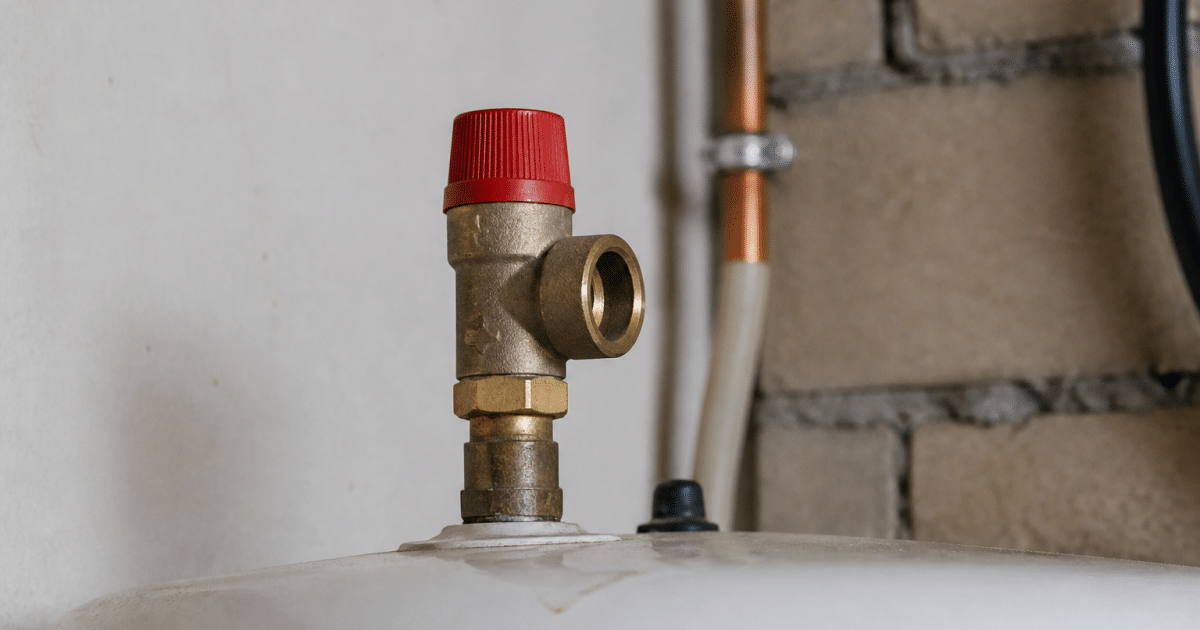 Valve de securite metallique fixee verticalement sur reservoir eau chaude