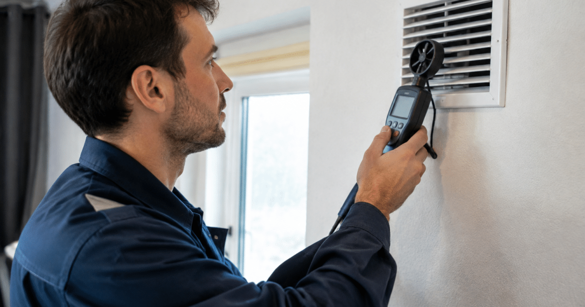 Technicien verifie debit air sortant grille ventilation murale