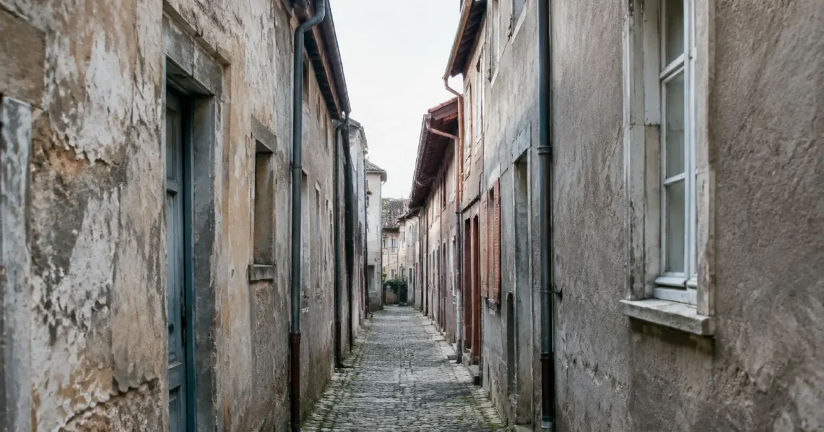 Batiments vetustes alignes etroitement dans ruelle urbaine vide