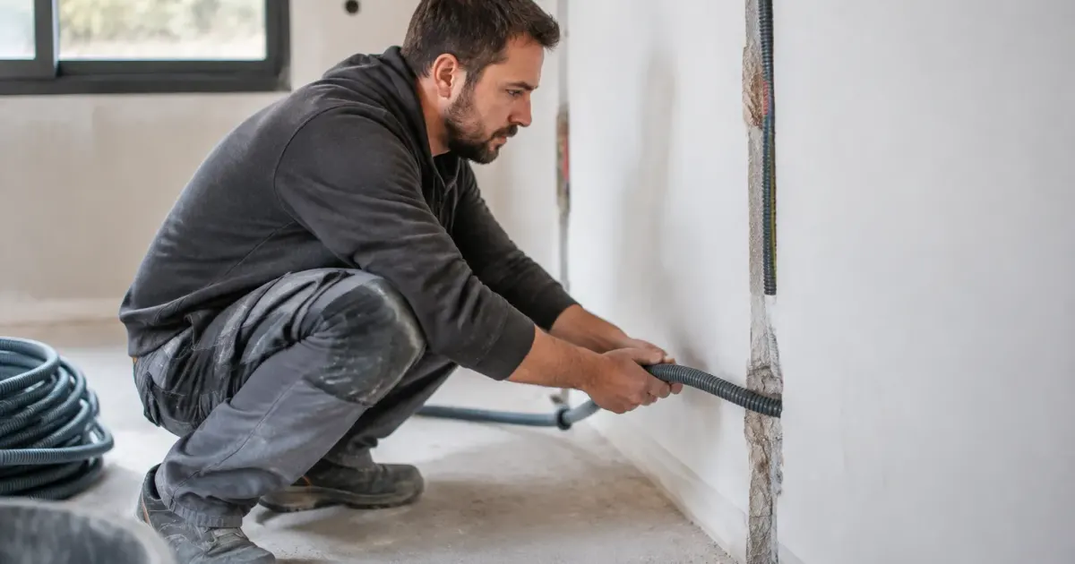 Un electricien accroupi guide une gaine dans un mur