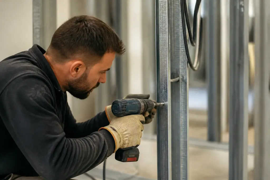 Electricien en gants perce un montant metallique gris