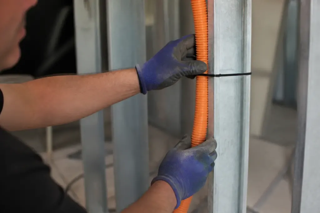 Gants bleus fixant une gaine orange sur un montant