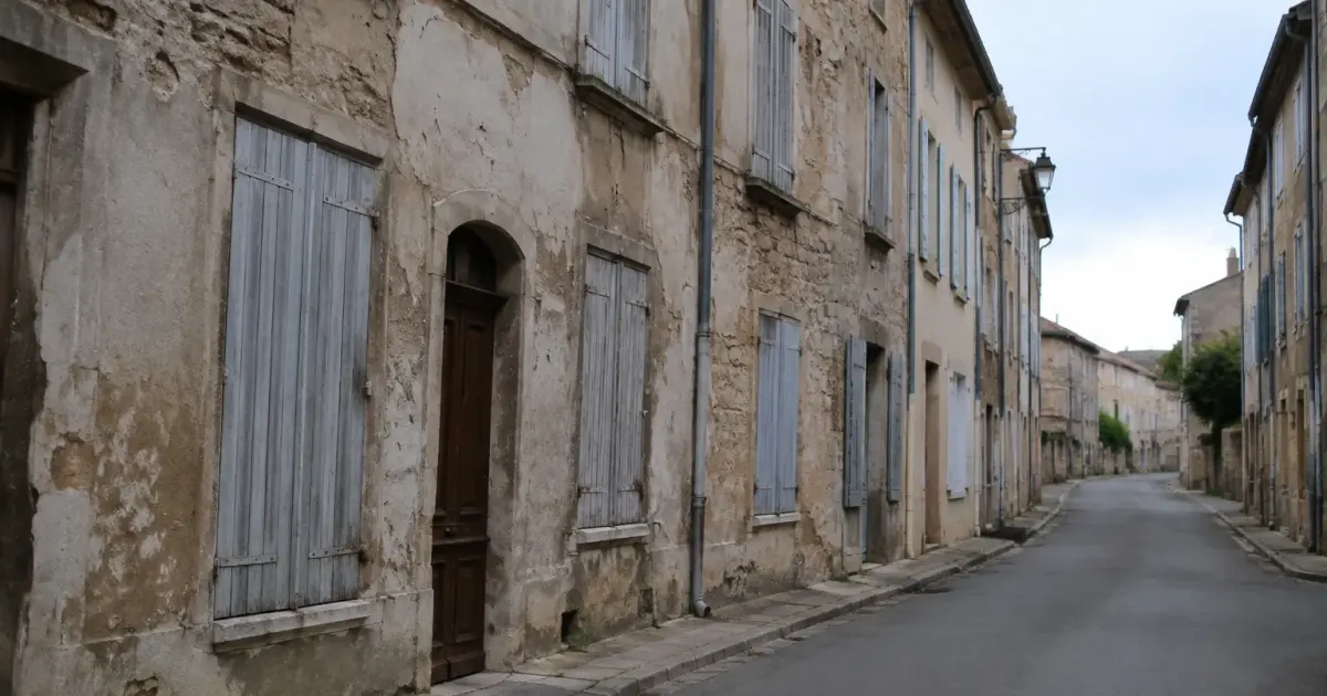 Immeuble urbain delabre avec volets fermes rues desertes