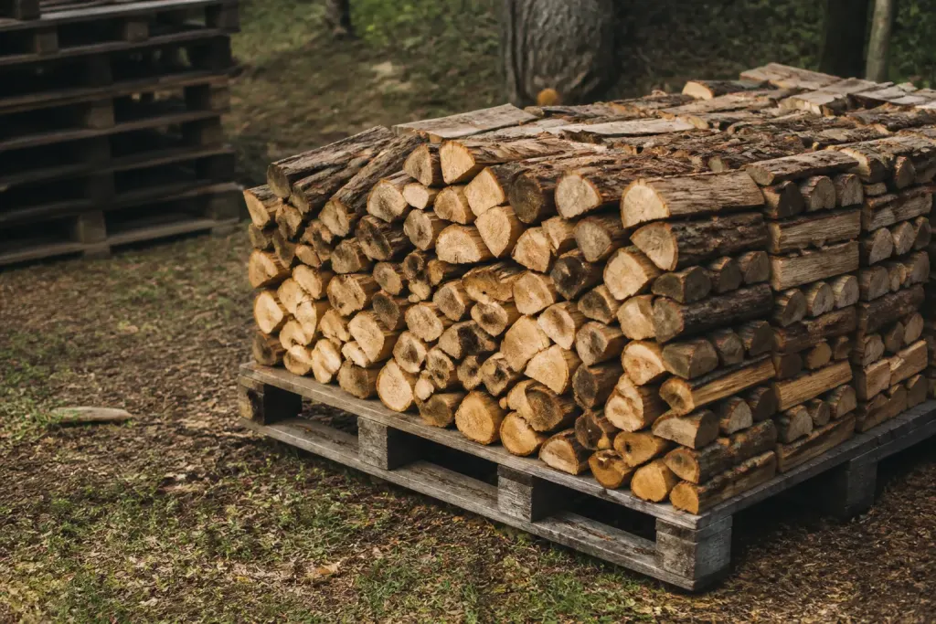 Palettes en bois soutenant une pile de rondins