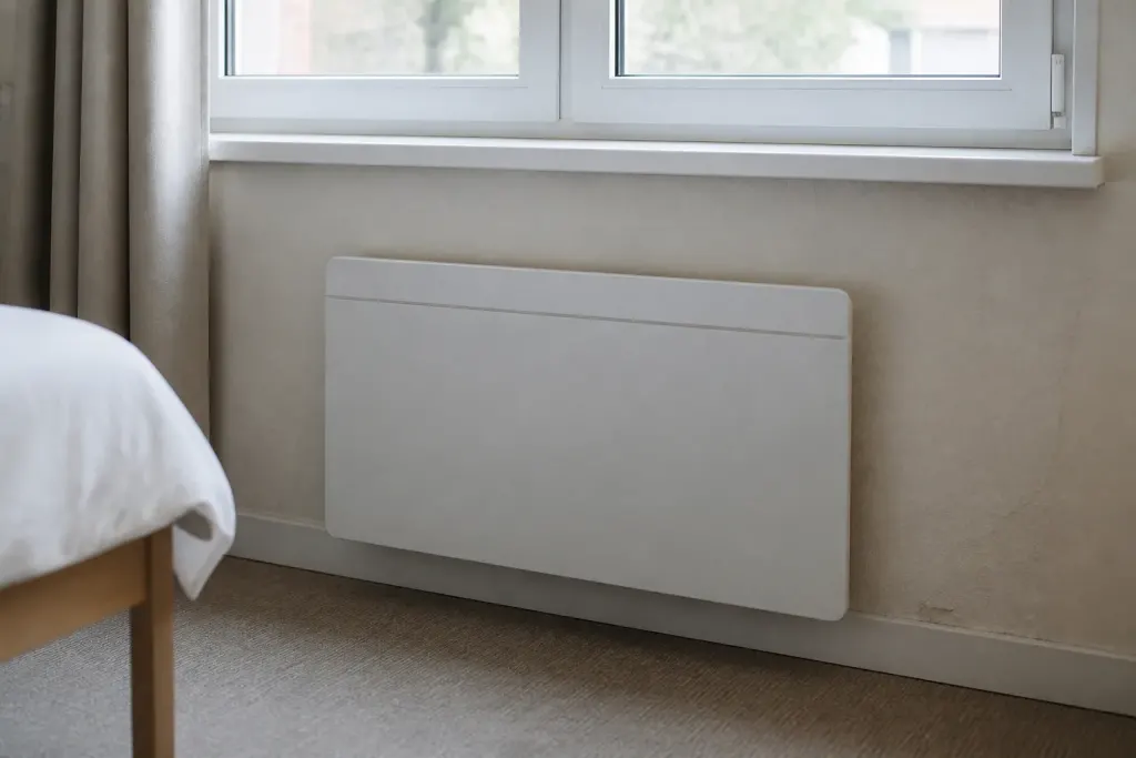 Panneau chauffant blanc fixe sous une fenetre lumineuse