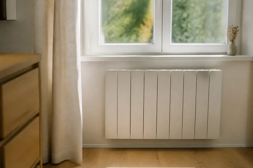 Radiateur electrique blanc sous une fenetre lumineuse