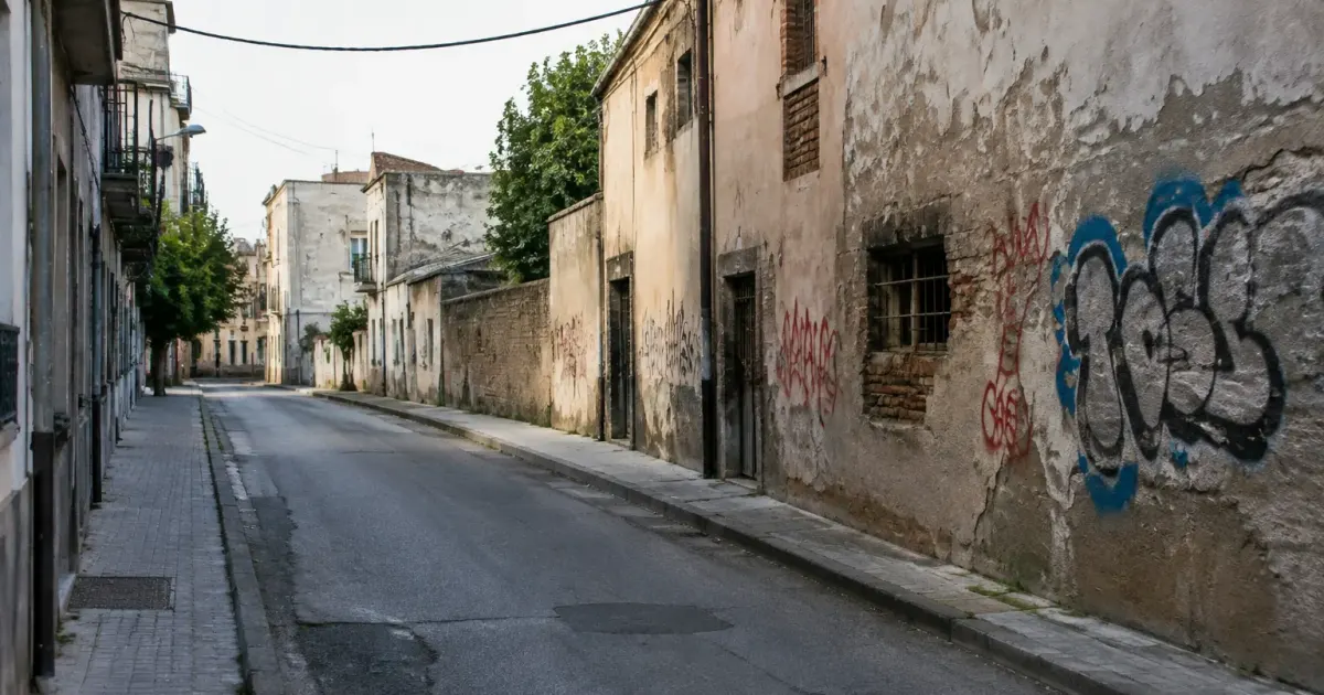 rues vides avec murs degrades et graffitis visibles