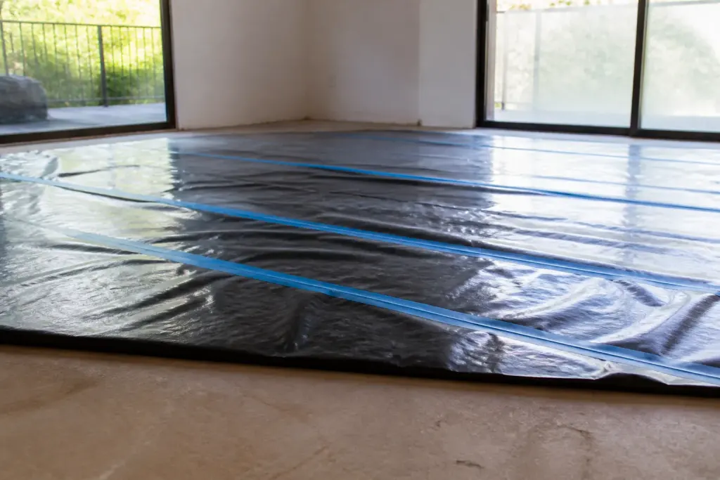 Sol couvert de bache plastique et ruban bleu