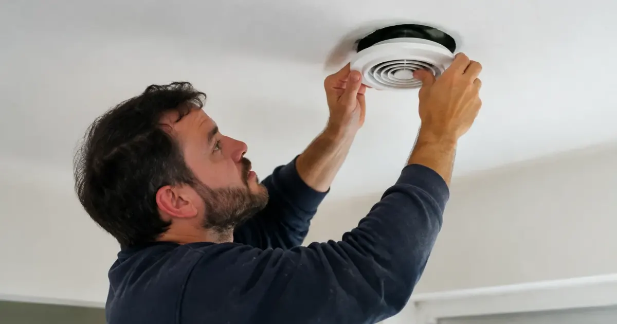 Technicien fixe une bouche d extraction au plafond