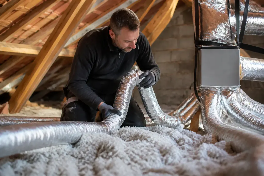 Technicien pose des gaines souples dans des combles